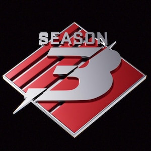 May include: A 3D rendering of a red and silver logo with the text "SEASON 3". The logo is a red diamond shape with silver accents and a silver "3" in the center. The word "SEASON" is above the "3".