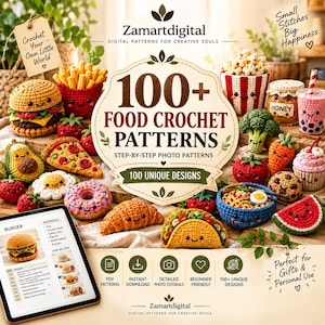 Peut inclure: Une collection numérique de 100+ modèles de crochet alimentaire par Zamartdigital, incluant une tablette affichant un tutoriel de burger et divers articles en crochet comme un burger, des frites, une pizza, un donut, un taco et des ramen.