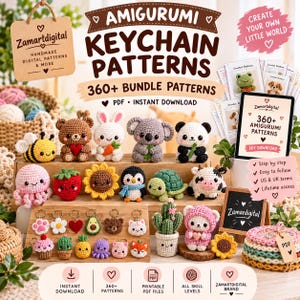 Peut inclure: Un ensemble numérique de plus de 360 modèles de porte-clés amigurumi représentant divers animaux, fruits et plantes au crochet. L'image présente une abeille, un ours, un lapin, un koala, un panda, une pieuvre, une fraise, un tournesol et plus.
