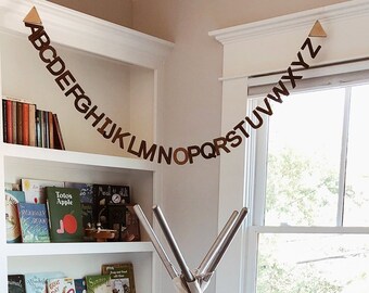 ALPHABET bunting - Decorative wall hanging for child's bedroom, playroom, homeschool, modern & unique decor, handmade natural wood letters