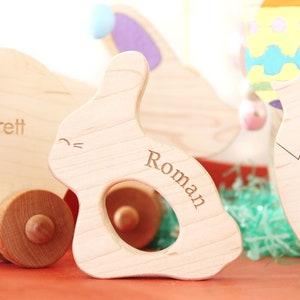 personalized bunny wood teether a natural wooden teething toy for new baby gift and natural parenting, safe and organic image 5