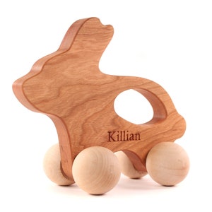 wooden bunny push toy a natural wood toy for babies, baby Easter gift, keepsake gift for new baby image 1