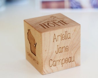 baby ADOPTION BLOCK - personalized wooden cube to remember child's homecoming, handmade adopted baby gift idea