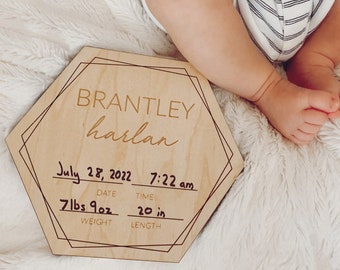 personalized birth announcement sign for hospital - wooden birth photo prop with girl or boy name and birth date, weight, newborn photo prop