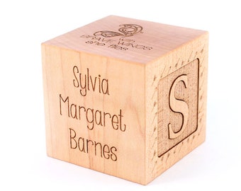 personalized GIRL BIRTH BLOCK - keepsake wooden block for new baby girl, custom engraved on all six sides, handmade with natural hardwood