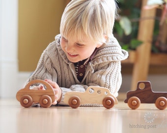 Wooden Toy Car Set - Natural Hardwood Truck, Racer, Bug