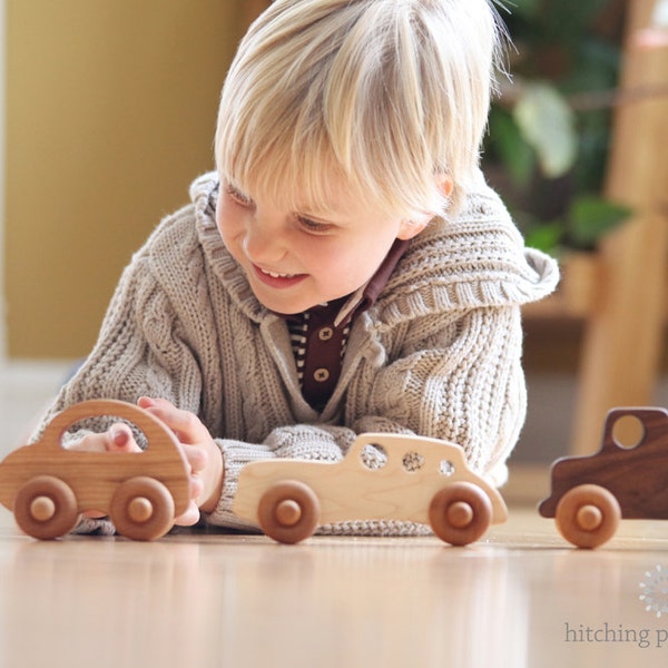three wooden TOY CARS - an all natural keepsake gift set for baby and toddler - organically finished hardwood toy truck, racer, and love bug