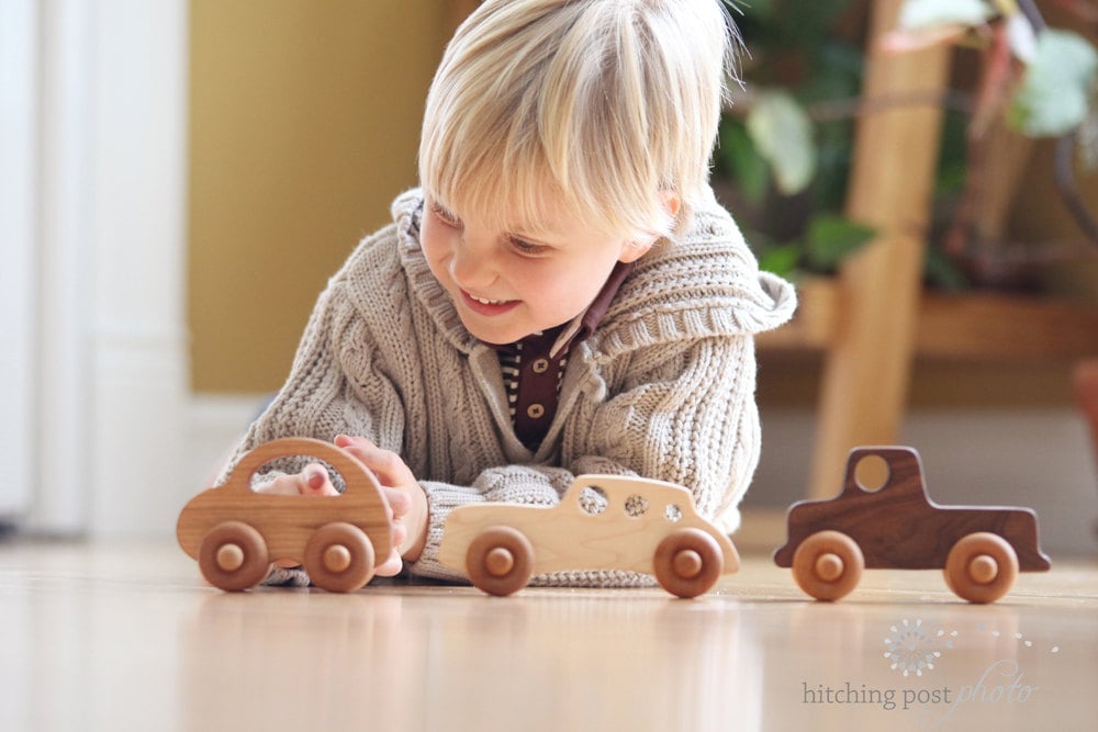 Wooden Toy Car Set - Natural Hardwood Truck, Racer, Bug - Etsy