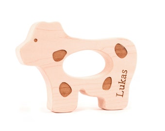 all natural personalized cow TEETHER - an organic wooden teething toy for baby, eco-friendly farm barnyard animal