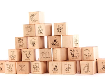 26-piece ANIMAL ALPHABET hardwood block set - all natural, heirloom, and educational wooden toy set - with options to PERSONALIZE