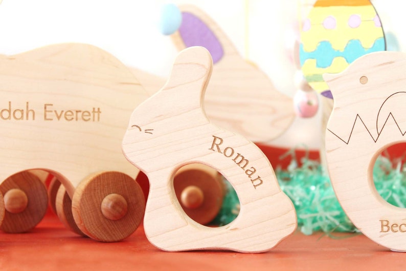 personalized bunny wood teether a natural wooden teething toy for new baby gift and natural parenting, safe and organic image 5