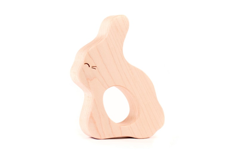 personalized bunny wood teether a natural wooden teething toy for new baby gift and natural parenting, safe and organic image 4