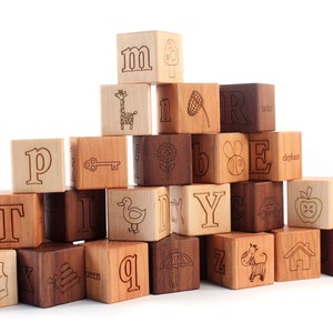 wood blocks with crate bundle 26 picture alphabet organic wood blocks with wood toy crate for storage toddler or new baby keepsake gift image 4