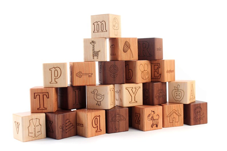 wood blocks with crate bundle 26 picture alphabet organic wood blocks with wood toy crate for storage toddler or new baby keepsake gift image 4