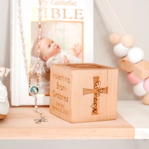 personalized BAPTISM BLOCK a solid hardwood heirloom christening gift, keepsake wood baby block, extra large with six sides engraved image 2