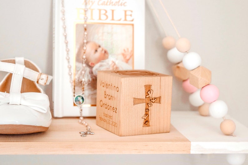 personalized BAPTISM BLOCK a solid hardwood heirloom christening gift, keepsake wood baby block, extra large with six sides engraved image 2