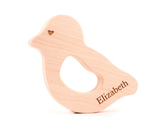 natural love bird wood TEETHER - a unique, personalized baby gift for safe teething, organic keepsake toy for newborn