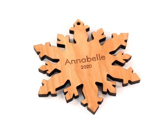 personalized wooden snowflake ornament - holiday family gift for all ages, organically finished solid hardwood