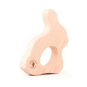 personalized bunny wood teether a natural wooden teething toy for new baby gift and natural parenting, safe and organic image 2