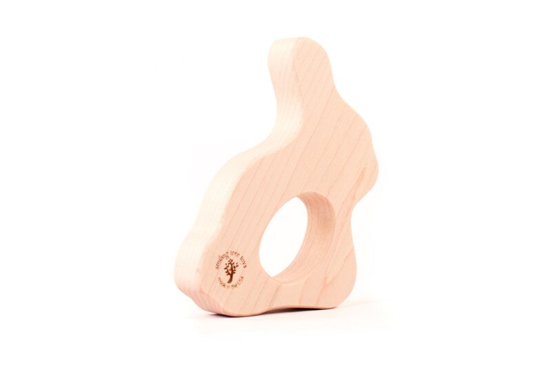 personalized bunny wood teether a natural wooden teething toy for new baby gift and natural parenting, safe and organic image 2