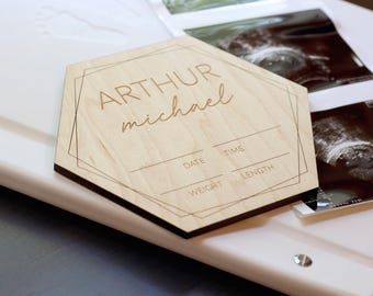 Personalized Hexagon Wood Baby Name Sign – Engraved Birth Stats Keepsake