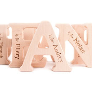 May include: Wooden letters spelling "SHAR" with each letter personalized with a name and the phrase "is for" in front of the name. The letters are light brown and have a natural wood finish.