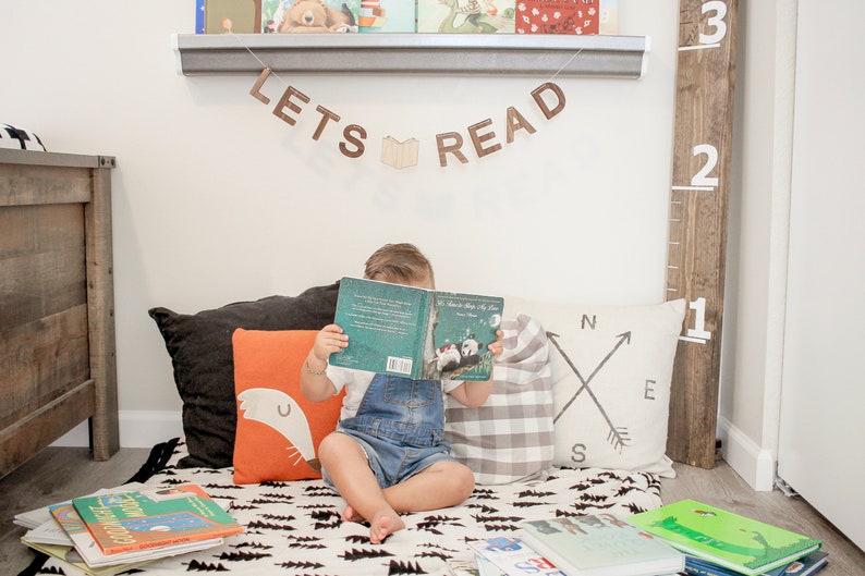 LETS READ wall hanging - wooden bunting letters for children's reading corner and book nook - natural wood decor for playroom 