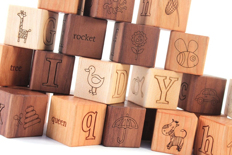 26-piece PICTURE ALPHABET block set natural wooden toy blocks with letters, pictures, words educational first birthday or toddler gift image 7