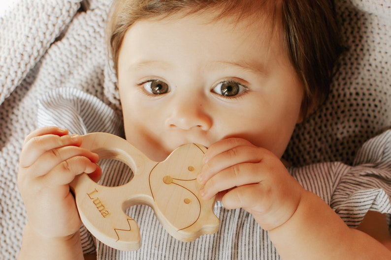 personalized fox wood TEETHER a natural wooden teething toy for boy or girl, woodland-themed shower gift, an eco-friendly heirloom gift image 2