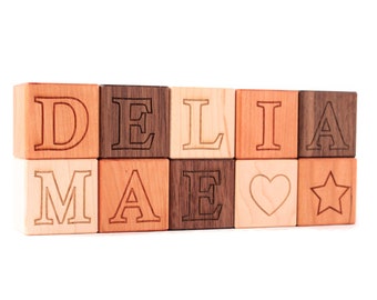 personalized wooden name block sets - natural wood toys, hardwood letter alphabet blocks for baby and toddler, any number 1 -40 blocks