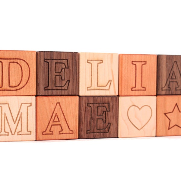 personalized wooden name block sets - natural wood toys, hardwood letter alphabet blocks for baby and toddler, any number 1 -40 blocks