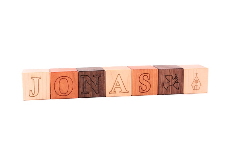 BAPTISM NAME BLOCKS personalized baby or child's christening or dedication gift wood letter blocks with Christian symbols image 4