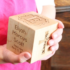 personalized BAPTISM BLOCK a solid hardwood heirloom christening gift, keepsake wood baby block, extra large with six sides engraved image 8