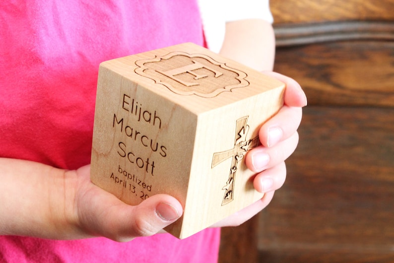 personalized BAPTISM BLOCK a solid hardwood heirloom christening gift, keepsake wood baby block, extra large with six sides engraved image 8