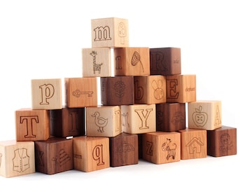 Ensemble de blocs PICTURE ALPHABET de 26 pièces - blocs de jouets en bois naturel avec lettres, images, mots - cadeau éducatif pour premier anniversaire ou enfant en bas âge