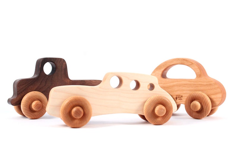 three wooden TOY CARS an all natural keepsake gift set for baby and toddler organically finished hardwood toy truck, racer, and love bug image 2