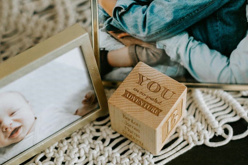 personalized BOY BIRTH BLOCK a solid hardwood keepsake block for baby, heirloom gift with birth details, extra large, six sides engraved image 8