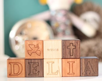 BAPTISM NAME BLOCKS - personalized baby or child's christening or dedication gift - wood letter blocks with Christian symbols