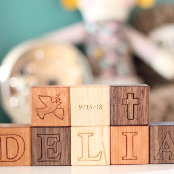 BAPTISM NAME BLOCKS - personalized baby or child's christening or dedication gift - wood letter blocks with Christian symbols