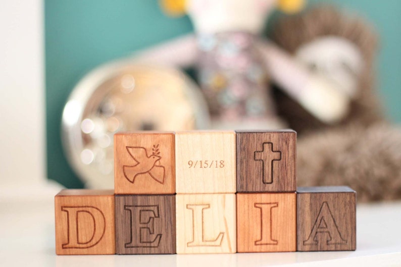 BAPTISM NAME BLOCKS personalized baby or child's christening or dedication gift wood letter blocks with Christian symbols image 1