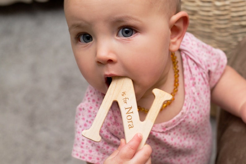 ANY LETTER wood teether toy personalized new baby gift, A-Z monogram letter for boy or girl, heirloom alphabet wood letter newborn gift image 2