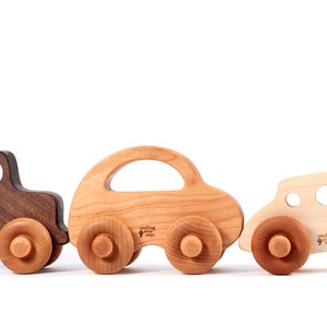 three wooden TOY CARS an all natural keepsake gift set for baby and toddler organically finished hardwood toy truck, racer, and love bug image 3