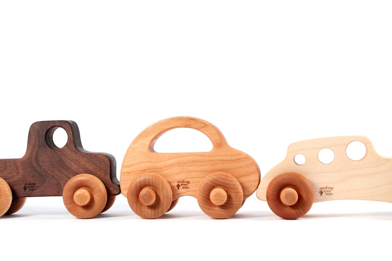 three wooden TOY CARS an all natural keepsake gift set for baby and toddler organically finished hardwood toy truck, racer, and love bug image 3