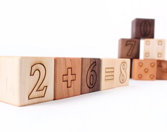 12-piece MATH BLOCKS set - all natural and educational hardwood toys - numbers, shapes, and more for toddler / preschooler, organic finish