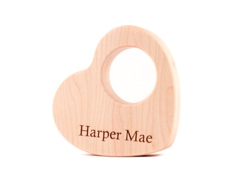heart wood teether toy - personalized keepsake wood toy for baby's first Valentines Day gift, all natural safe teething toy