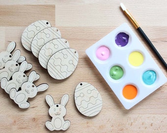 Oeufs de Pâques et lapins en bois à colorier vous-même - Artisanat de Pâques pour enfants, décoration d'arbre ou de plante de Pâques, kit d'artisanat printanier pour enfants
