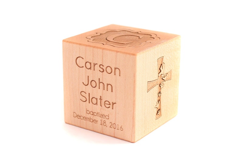 personalized BAPTISM BLOCK a solid hardwood heirloom christening gift, keepsake wood baby block, extra large with six sides engraved image 1