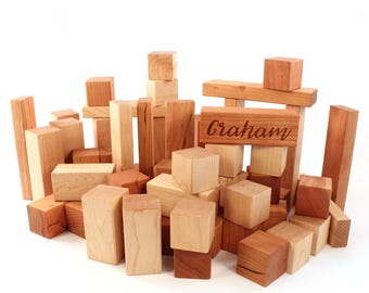 Handcrafted Wooden Building Blocks Set – 50 Pieces, Eco-Friendly, USA Made, Safe for Toddlers, Montessori-Inspired Toy Gift, Personalized