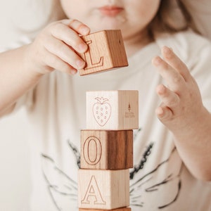 26-piece PICTURE ALPHABET block set natural wooden toy blocks with letters, pictures, words educational first birthday or toddler gift image 3