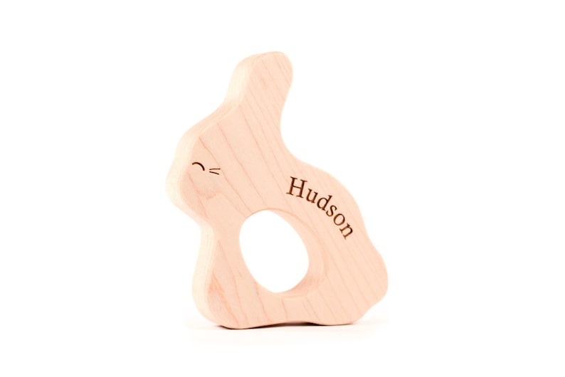 personalized bunny wood teether a natural wooden teething toy for new baby gift and natural parenting, safe and organic image 1